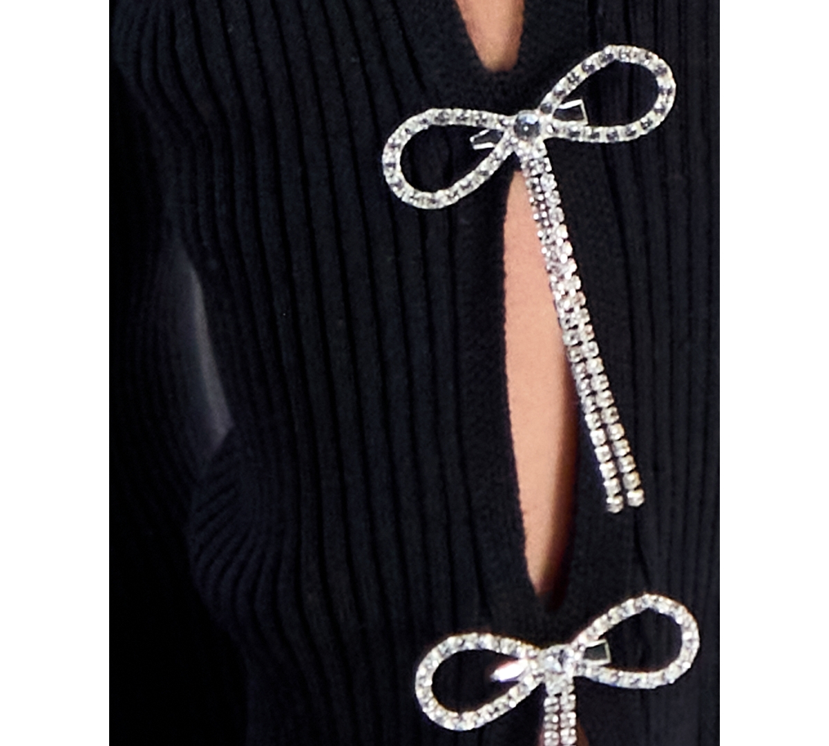 Madden Girl Trendy Plus Size Rhinestone Bow-sleeve Ribbed Sweater In Black
