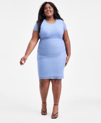 Bar III - Trendy Plus Size Ruched Mesh Short-Sleeve Dress