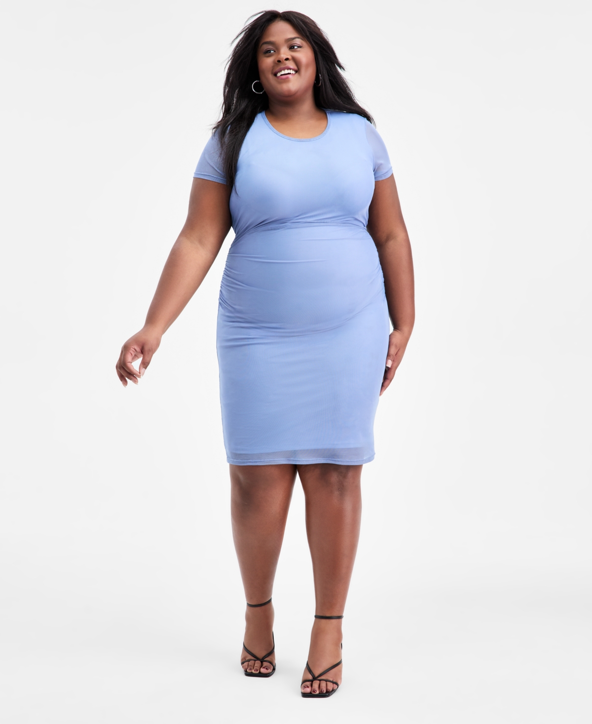 Bar Iii Trendy Plus Size Ruched Mesh Short-sleeve Dress, Macy's Exclusive In Blue