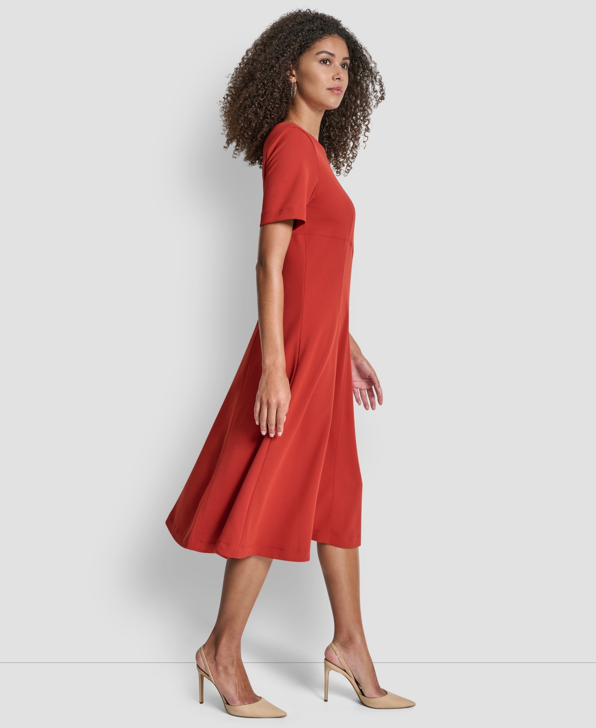 Dkny Short Sleeve Jewel Neck Suede Midi Dress In Red