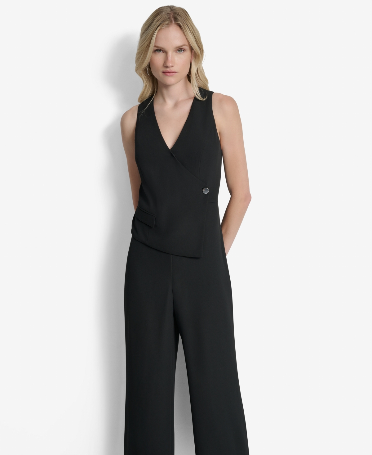 Dkny Sleeveless Asymmtetric Wide Leg Vest Jumpsuit In Black