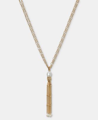 On 34th - Imitation Pearl Chain Tassel Lariat Necklace, 36" + 3" extender