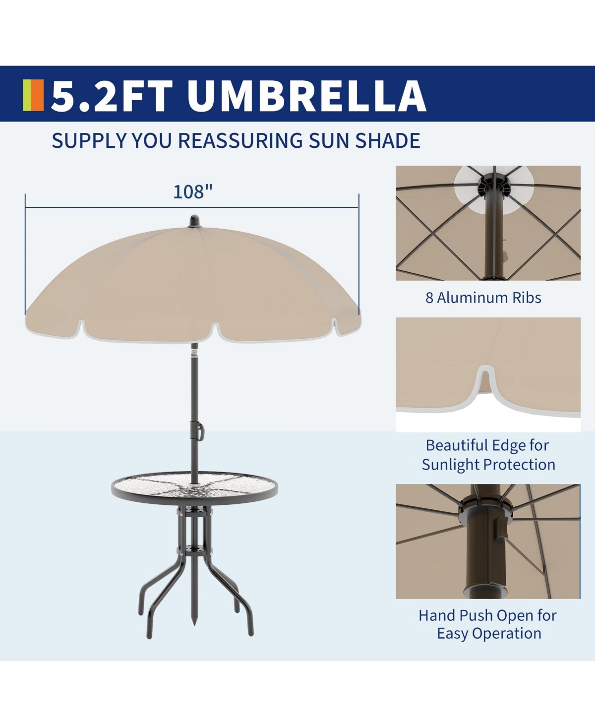 6 Pieces Patio Dining Set with Umbrella, Outdoor Furniture 4 Folding Chairs, Garden Umbrellas, Tempered Glass