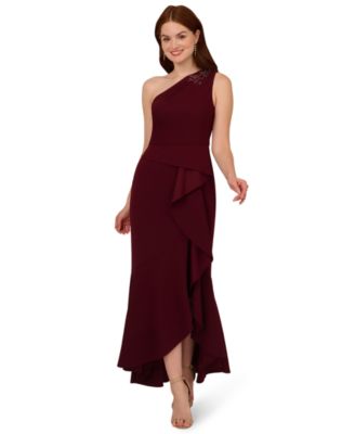 Adrianna Papell - Petite Beaded Ruffled One-Shoulder Gown