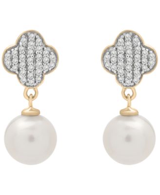 Macy's - Cultured Freshwater Pearl (7mm) and Diamond (1/10 ct. t.w.) Clover Earrings in 14k Yellow Gold Over Sterling Silver