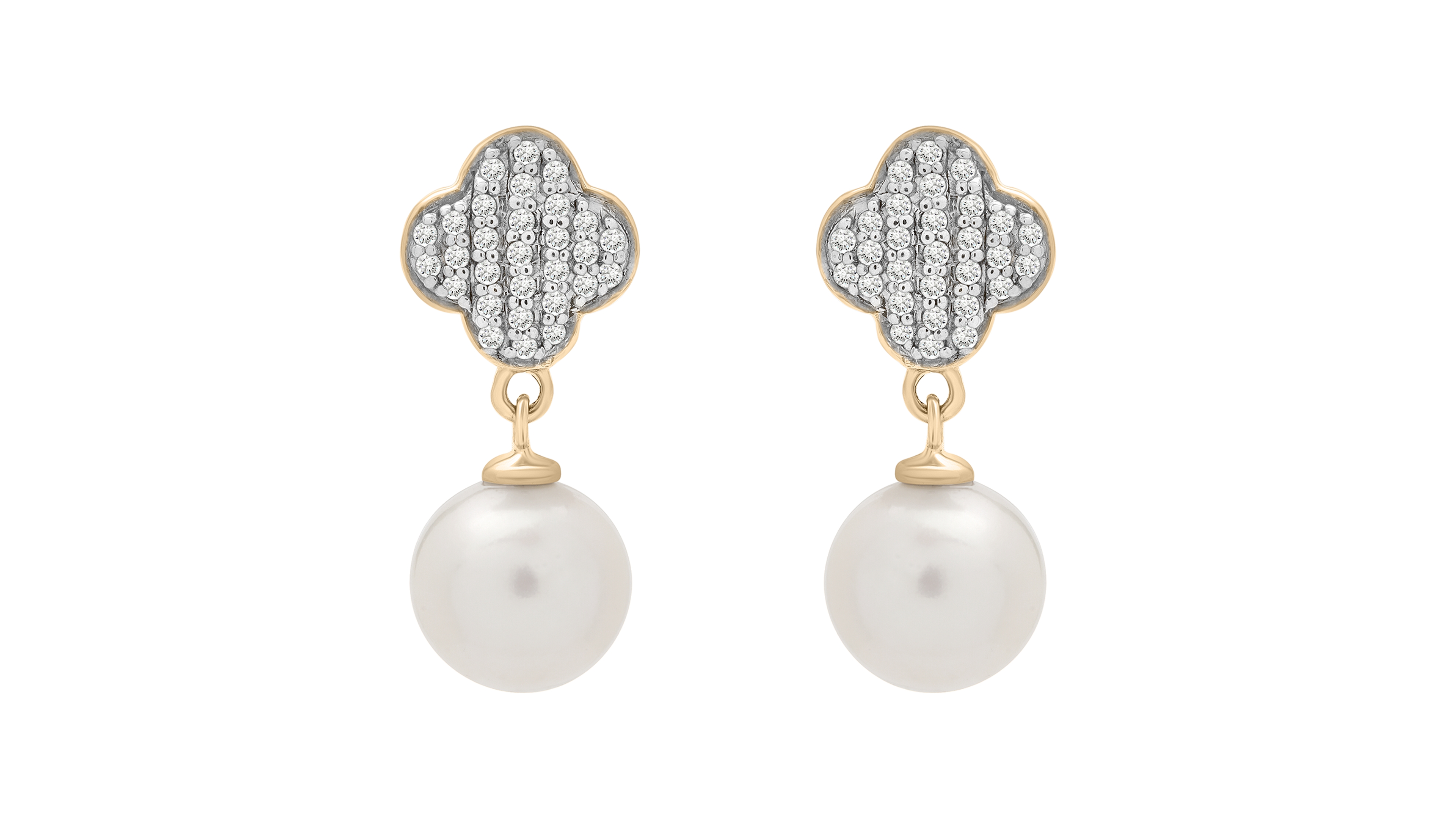 Macy's Cultured Freshwater Pearl (7mm) and Diamond (1/10 ct. t.w.) Clover Earrings in 14k Yellow Gold Over Sterling Silver