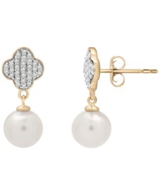 Cultured Freshwater Pearl (7mm) and Diamond (1/10 ct. t.w.) Clover Earrings in 14k Yellow Gold Over Sterling Silver