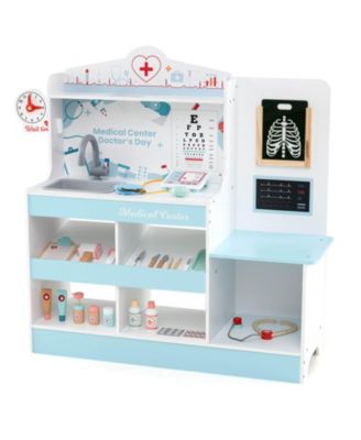 Wooden Doctor Play Set with Clock Sink Eye Chart ECG Monitor Exam Area Storage