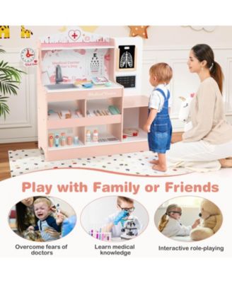 Wooden Doctor Play Set with Clock Sink Eye Chart ECG Monitor Exam Area Storage