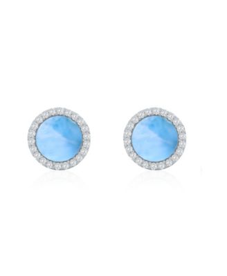 Sterling Silver, Round Larimar, CZ Halo Studs