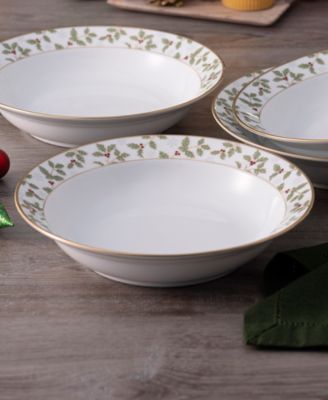 Holly & Berry Gold Set of 4 Rim Dinner Bowls, 10", 25 oz.