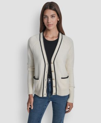 Women's Long Sleeve Tipped V-Neck Cardigan Sweater