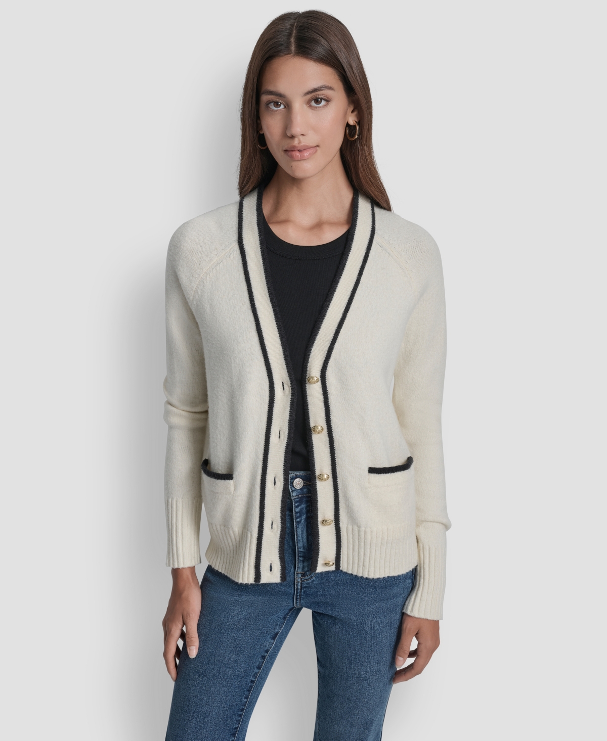 Dkny Jeans Women's Long Sleeve Tipped V-Neck Cardigan Sweater