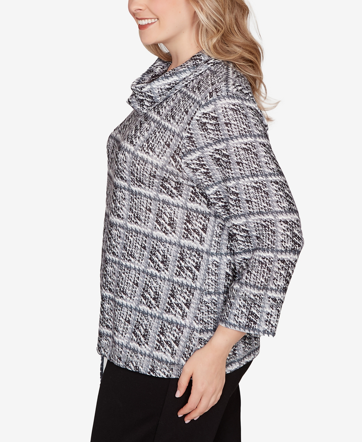 Hearts Of Palm Plus Size Printed 3/4 Sleeve Cowl Neck Blouson Top In Gray