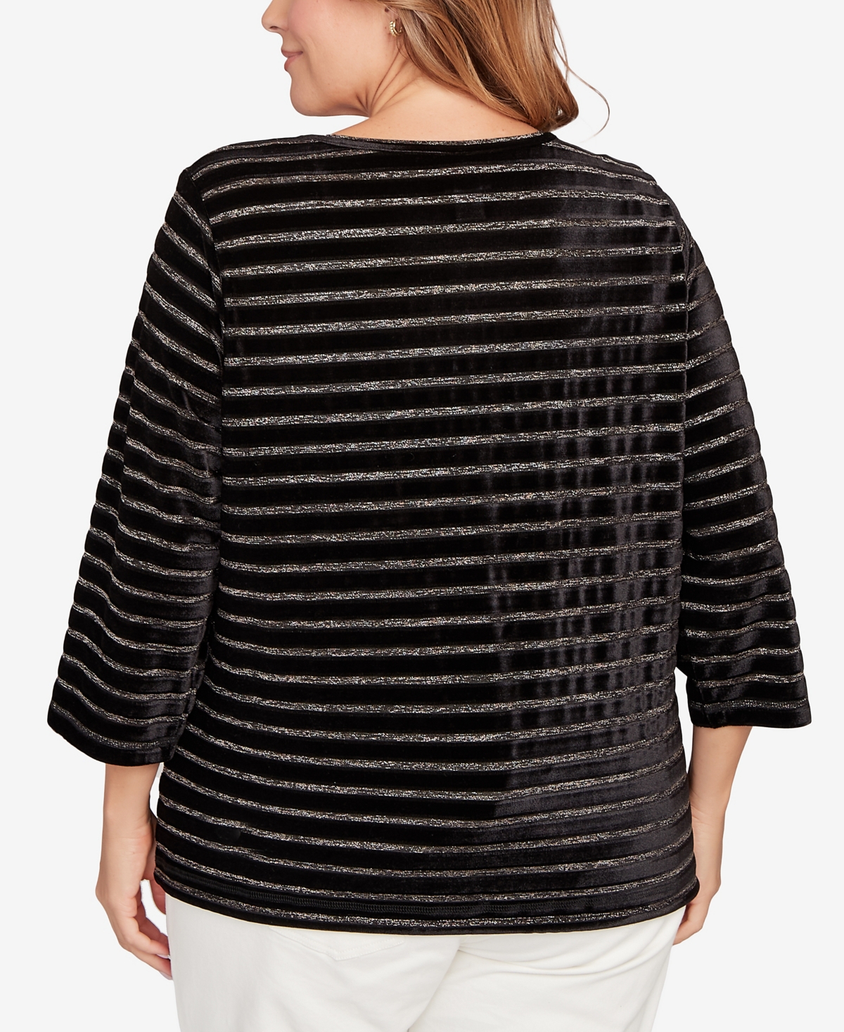 Hearts Of Palm Plus Size Long Sleeve Metallic Stripe Blouson Top In Black