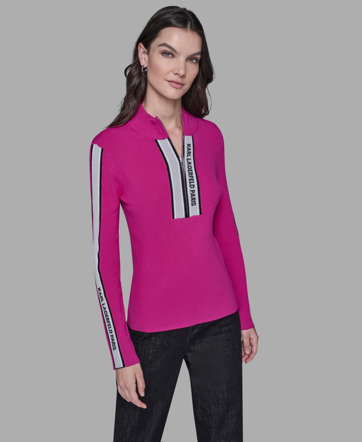 Karl Lagerfeld Paris Women's Logo Tape Zip-Up Sweater