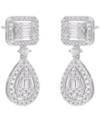 Diamond Round & Baguette Drop Earrings (1-1/2 ct. t.w.) in 14K White Gold