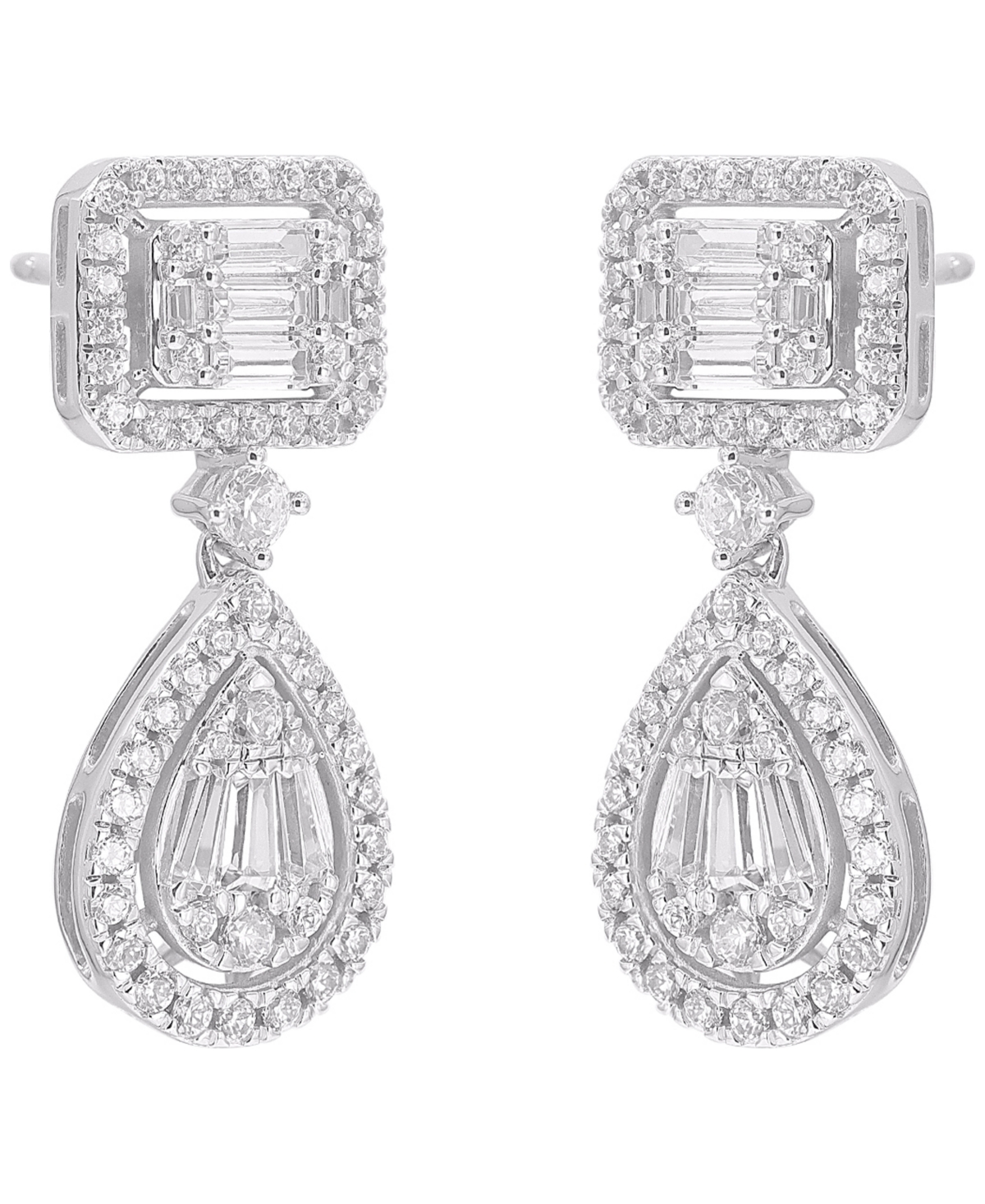 Macy's Round (0.88 Ct. T.w.) And Baguette (0.62 Ct. T.w.) Diamond Drop Earrings In 14k White Gold In Metallic