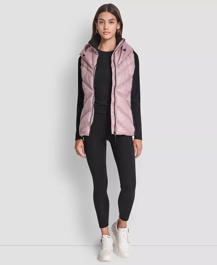 Women's Contrast Collar Hooded Puffer Vest - thumbnail 4