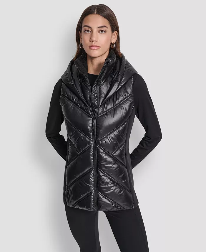 Women's Contrast Collar Hooded Puffer Vest - thumbnail 9