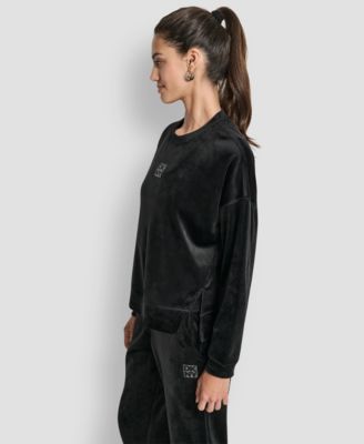 Women's Super Soft Velour Rhinestone Stacked Logo Crewneck Pullover Top