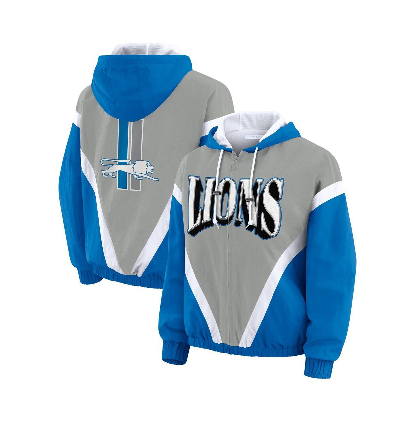 Женские худи WEAR by Erin Andrews Blue/Silver Detroit Lions Retro Crinkle Full-Zip Windbreaker Jacket — фото 1