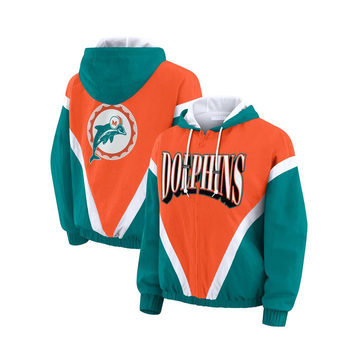 Женские худи WEAR by Erin Andrews Orange/Aqua Miami Dolphins Retro Crinkle Full-Zip Windbreaker Jacket — фото 1