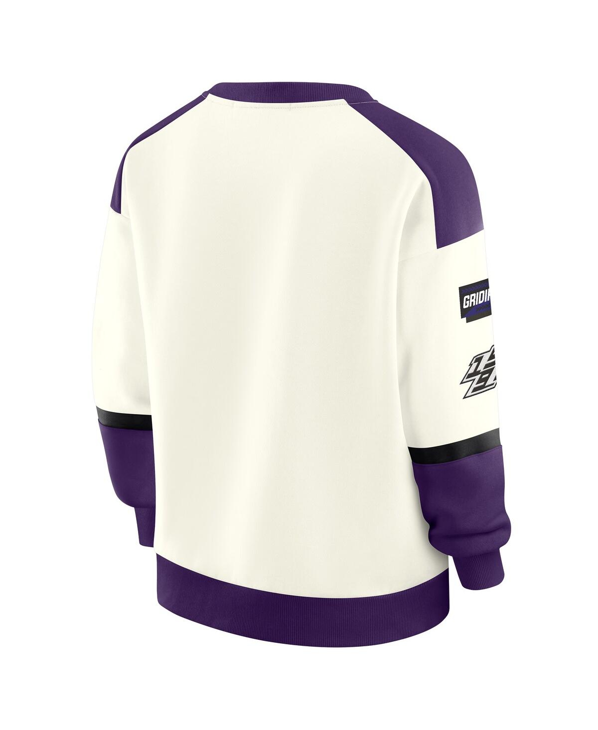 Wear By Erin Andrews Women's Cream Baltimore Ravens Racing Crew V-neck Sweatshirt In Purple