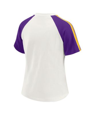 Women's White Minnesota Vikings Sleeve Stripe Distressed Raglan T-Shirt