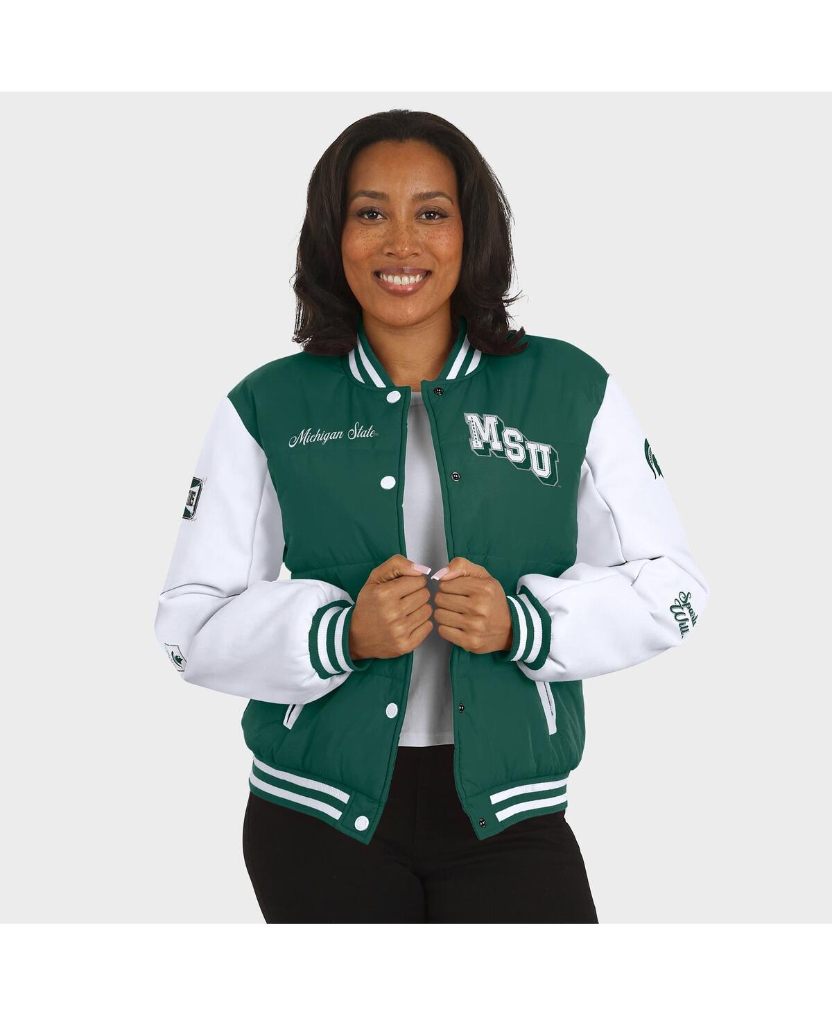 Wear By Erin Andrews Women'sgreen Michigan State Spartans Varsity Full-snap Puffer Jacket In Green
