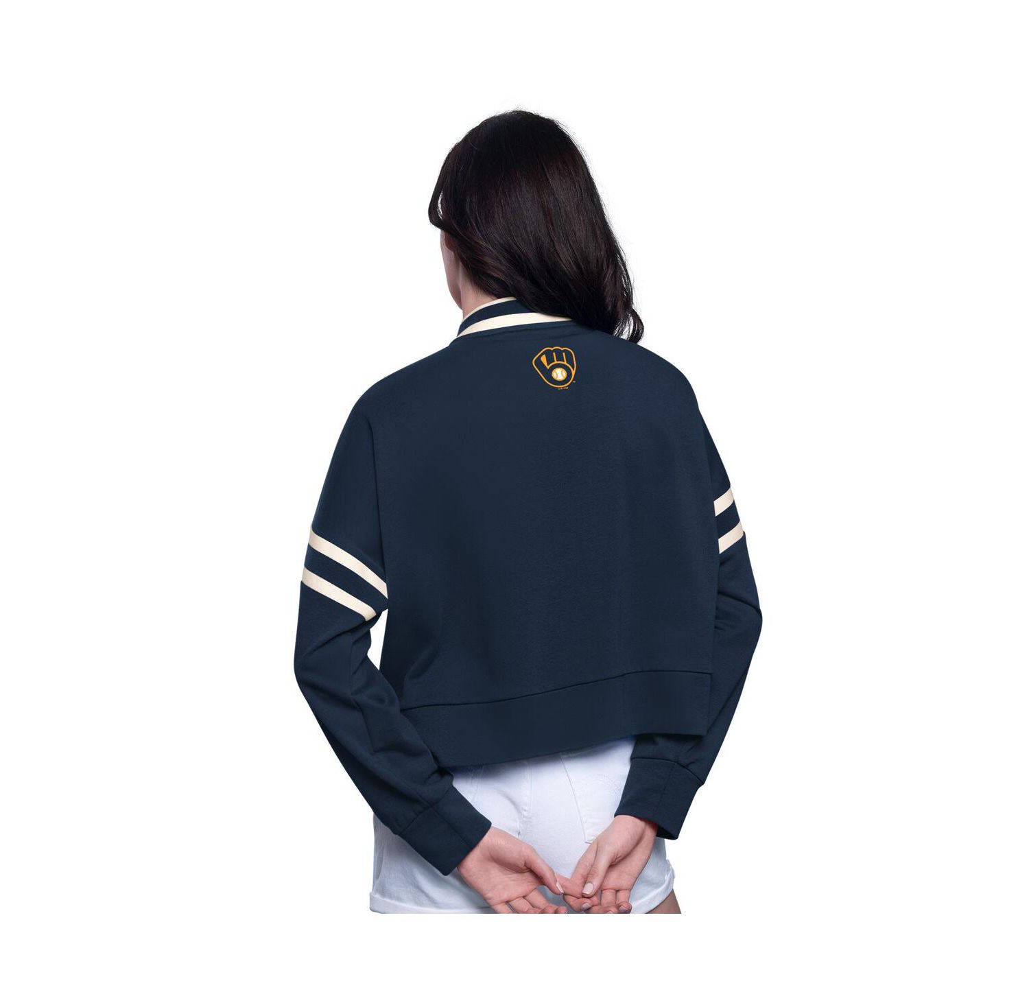 Women's Navy Milwaukee Brewers Power Play Cropped Pullover Sweatshirt