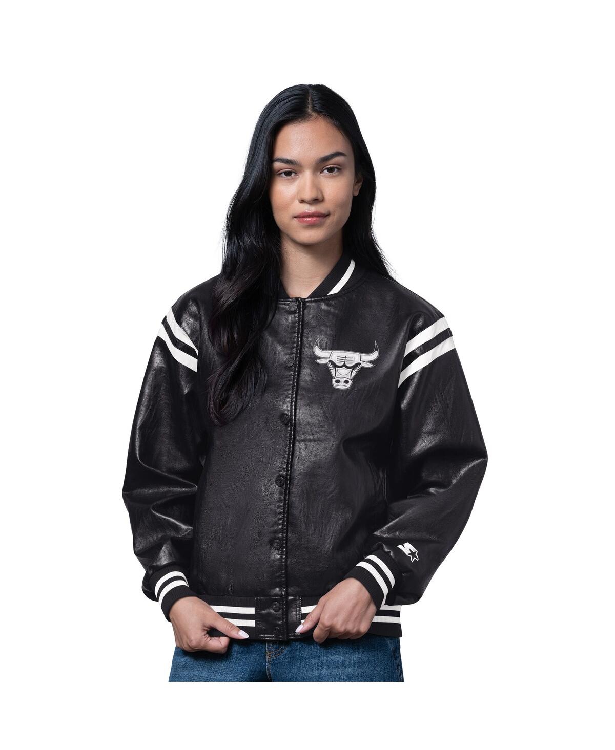 Starter Women's Black Chicago Bulls High Heat Leather Varsity Full-Snap Jacket