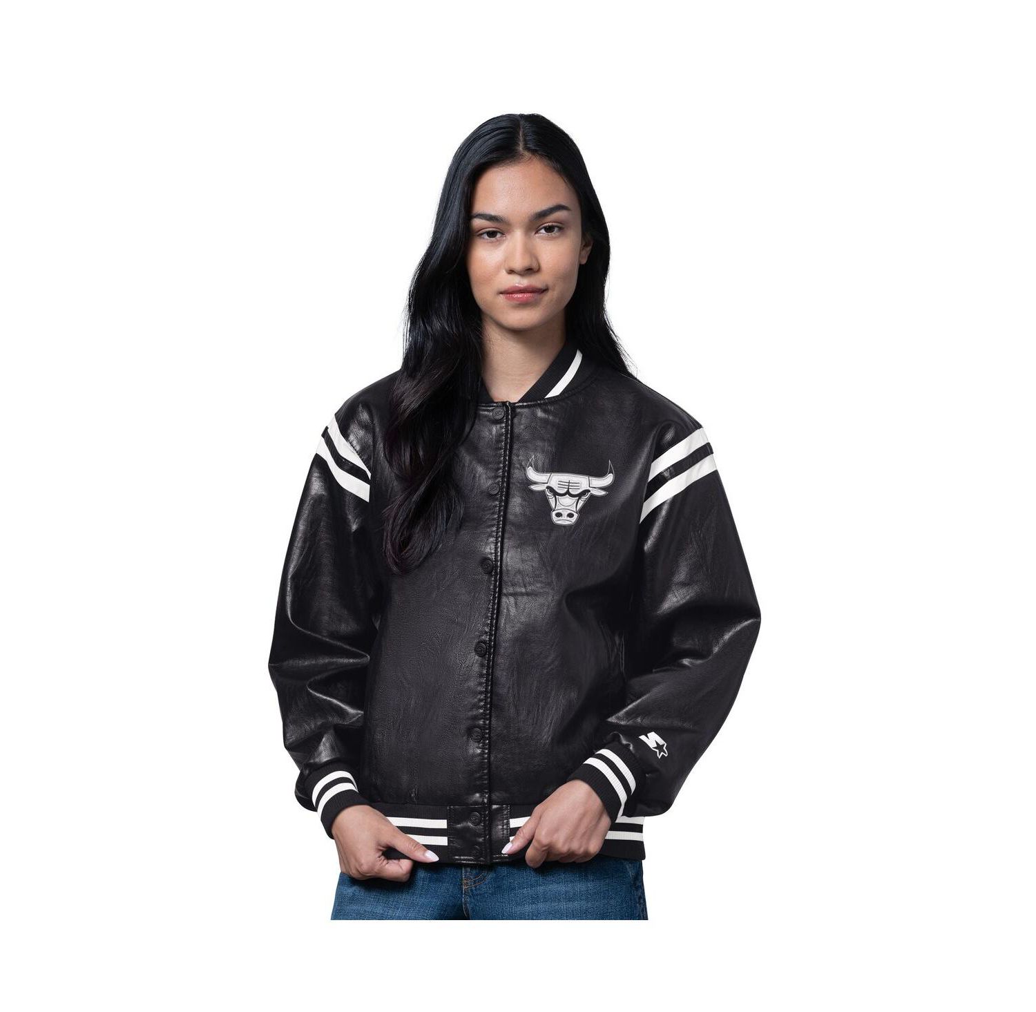Women's Black Chicago Bulls High Heat Leather Varsity Full-Snap Jacket