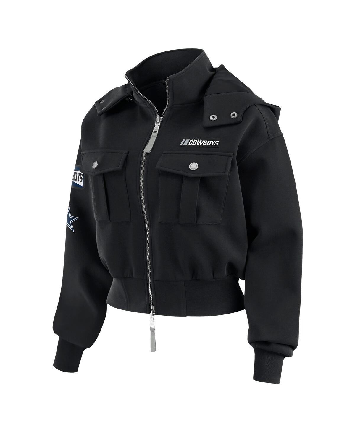 Wear By Erin Andrews Women's Black Dallas Cowboys Patch Pocket Cropped Full-zip Bomber Jacket In Black
