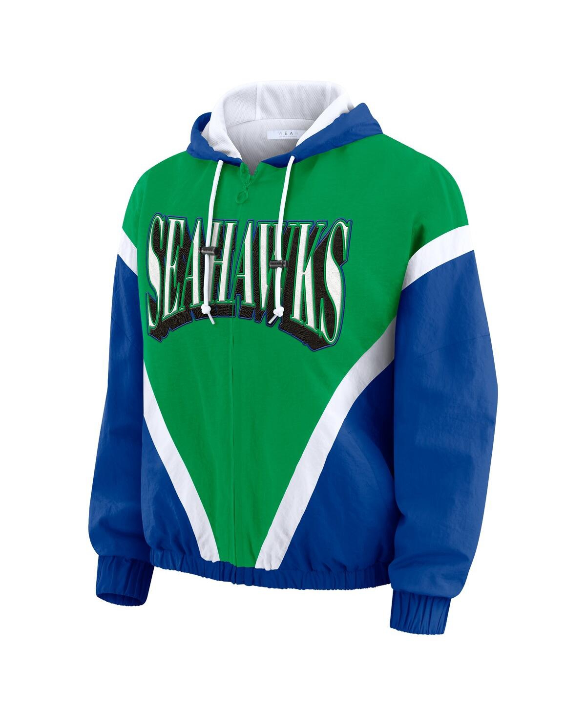 Wear By Erin Andrews Women's Green/royal Seattle Seahawks Retro Crinkle Full-zip Hoodie Windbreaker Jacket In Multi