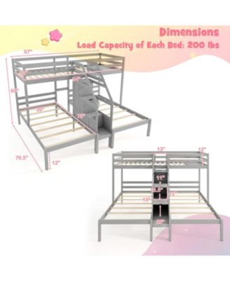 Wooden Twin Over Twin & Twin Bunk Bed w/ 4-Step Storage Staircase Guardrail
