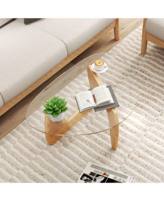 Triangle Coffee Table with Tempered Glass Top & Adjustable Rubber Wood Base