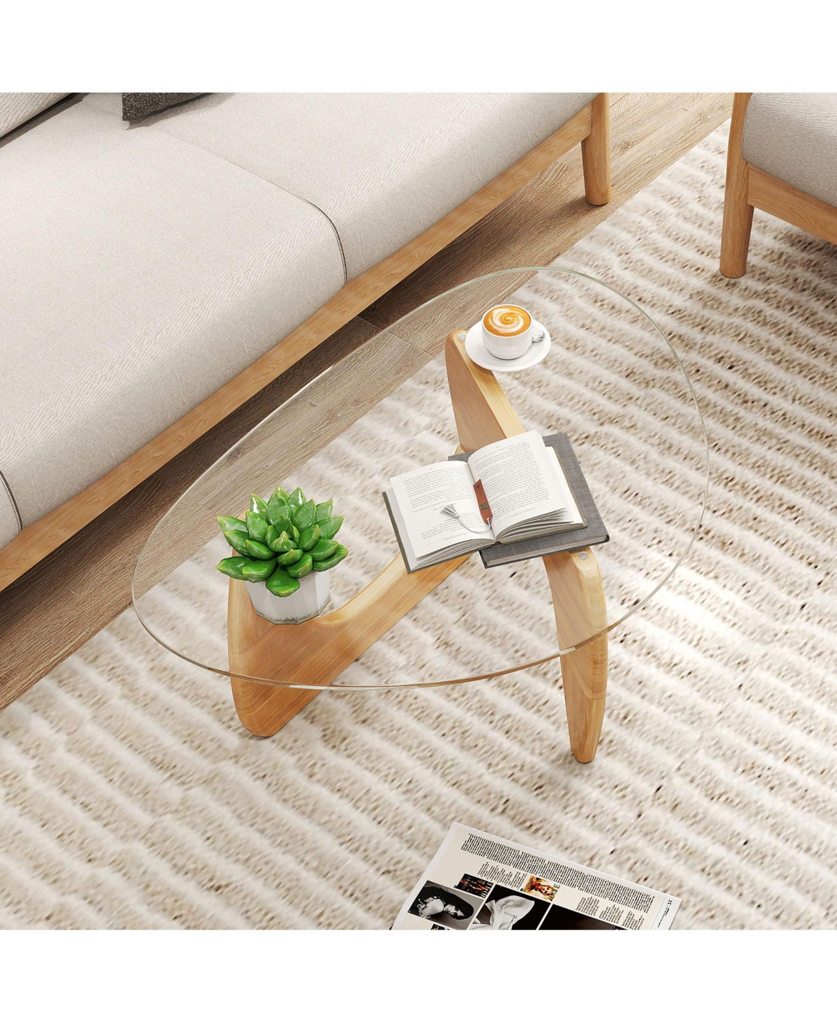 Gymax Triangle Coffee Table w/ Tempered Glass Top & Adjustable Rubber Wood Base