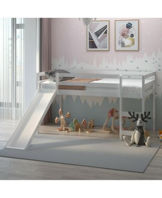 Twin Size Loft Bed with Slide Wood Low Sturdy Loft Bed Bedroom