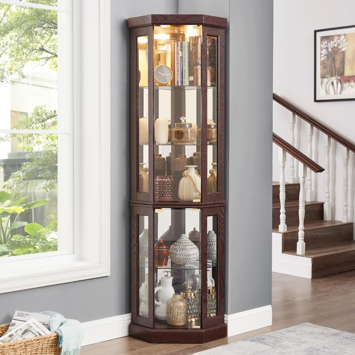 Lovmor Elegant Corner Curio Cabinet with Glass Doors Mirrored Panels and Adjustable Shelves