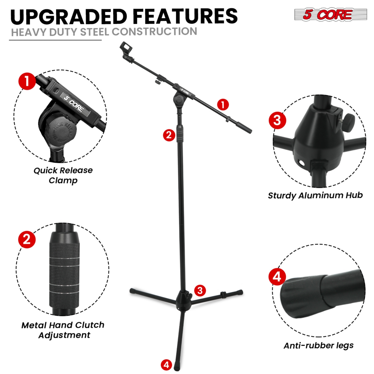 5 Core Microphone Stand Floor Height Adjustable w Extending Telescoping Boom Arm