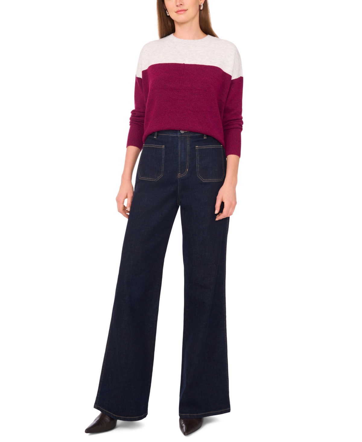 Vince Camuto Women's Cozy Extended Shoulder Color Blocked Sweater