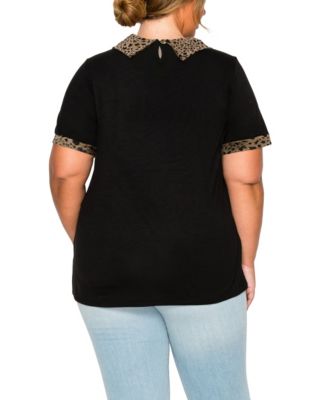 Plus Size Pebble Mesh Collar Keyhole Back Short Sleeve Top