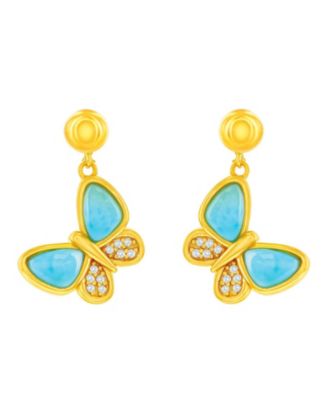 Sterling Silver, Larimar & CZ Butterfly Earrings - Gold Plated
