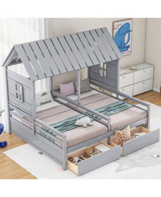 Twin Size House Platform Beds with Two Drawers for Boy and Girl Shared Beds, Combination of 2 Side by Side Twin Size Beds
