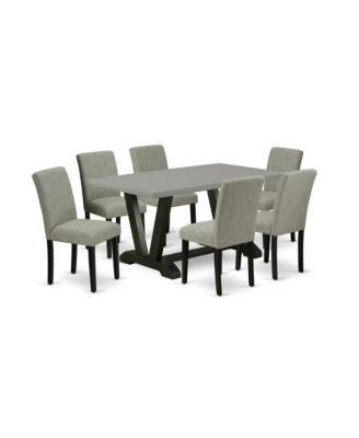 7-Pc Modern Dining Table Set - 6 Dining Padded Chairs and 1 Modern Rectangular Cement Breakfast Table with High Chair Back