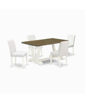 5-Piece Awesome Dining Set a Good Distressed Jacobean dining table Top and 4 Lovely Pu Leather Parson Chairs with Stylish Chair Back