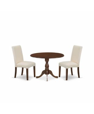 East West 3-Pc Dining Set: Drop Leaf Table & 2 Cream Linen Upholstered High-Back Chairs for Kitchen or Dining Room