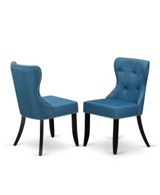 5-Piece Dining Table Set- 4 Upholstered Dining Chairs with Blue Linen Fabric Seat and Button Tufted Chair Back - Rectangular Table Top & Wooden Legs