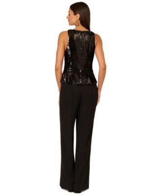 Women's Crew Neck Sequin Bodice Wide-Leg Jumpsuit